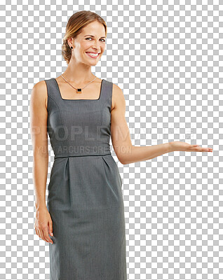 Buy stock photo Portrait, woman smile and palm space isolated on a transparent png background. Product placement, hand gesture and happiness of person or female model with advertising, marketing or brand promotion.