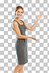 Marketing, advertising and portrait of business woman isolated on a png background for branding, logo and mockup. Product placement, corporate and isolated girl with hand gesture for announcement or message