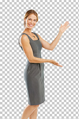 Buy stock photo Business woman, happy and portrait with hands and space advertising deal, success or career. Professional female hand gesture for promotion, discount or sale isolated on transparent, png background