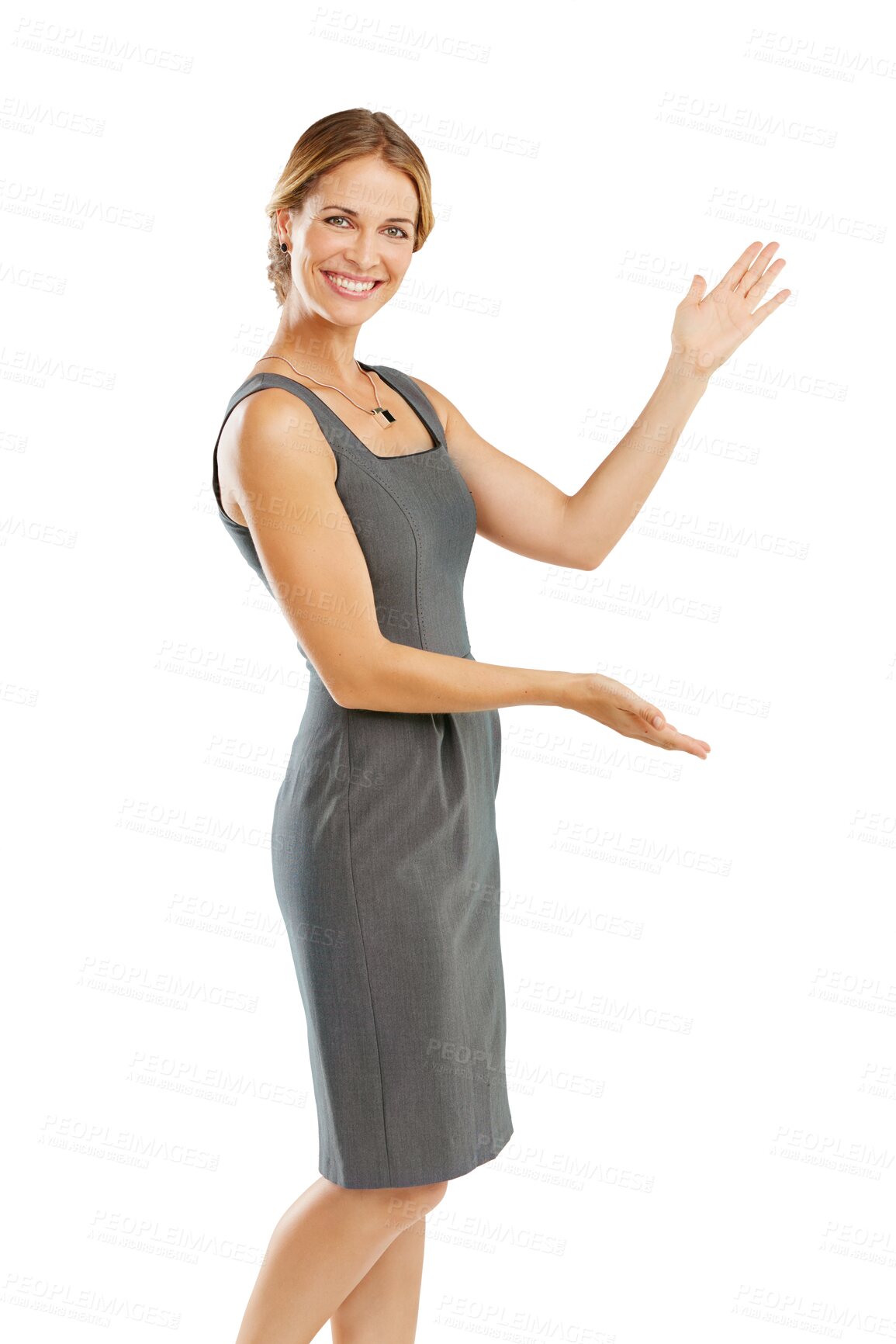 Buy stock photo Business woman, happy and portrait with hands and space advertising deal, success or career. Professional female hand gesture for promotion, discount or sale isolated on transparent, png background