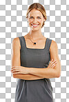 Portrait, business and woman with arms crossed, leadership and lady isolated on a png background. Female entrepreneur, employee and marketing manager with confidence, smile and corporate deal