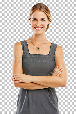 Buy stock photo Business woman with smile and arms crossed in portrait, success and vision isolated on transparent or png background. Corporate lawyer, happy female with professional mindset and confidence in career