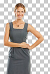 Fashion, stylish and portrait of a woman in clothes isolated on a png background in studio. Style, happy and clothing model in an elegant dress, confidence and happiness on a studio background