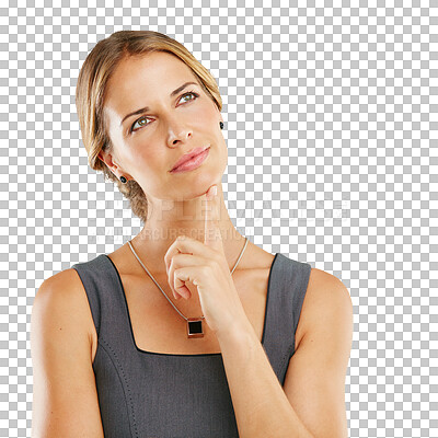 Buy stock photo Woman, thinking and hand on chin or face for idea, plan or strategy isolated on a transparent, png background. Business female think with gesture, memory and choice or opportunity and alpha channel
