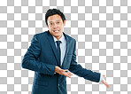 Portrait, mockup and business with Asian man, product placement and guy isolated on a png background. Male person, entrepreneur and leader on backdrop, management and leadership for branding