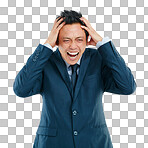 Anger, stress and screaming business man in studio isolated on a png background. Burnout, mental health and headache, sad and shouting angry Asian male after bad news, deal or financial crisis.
