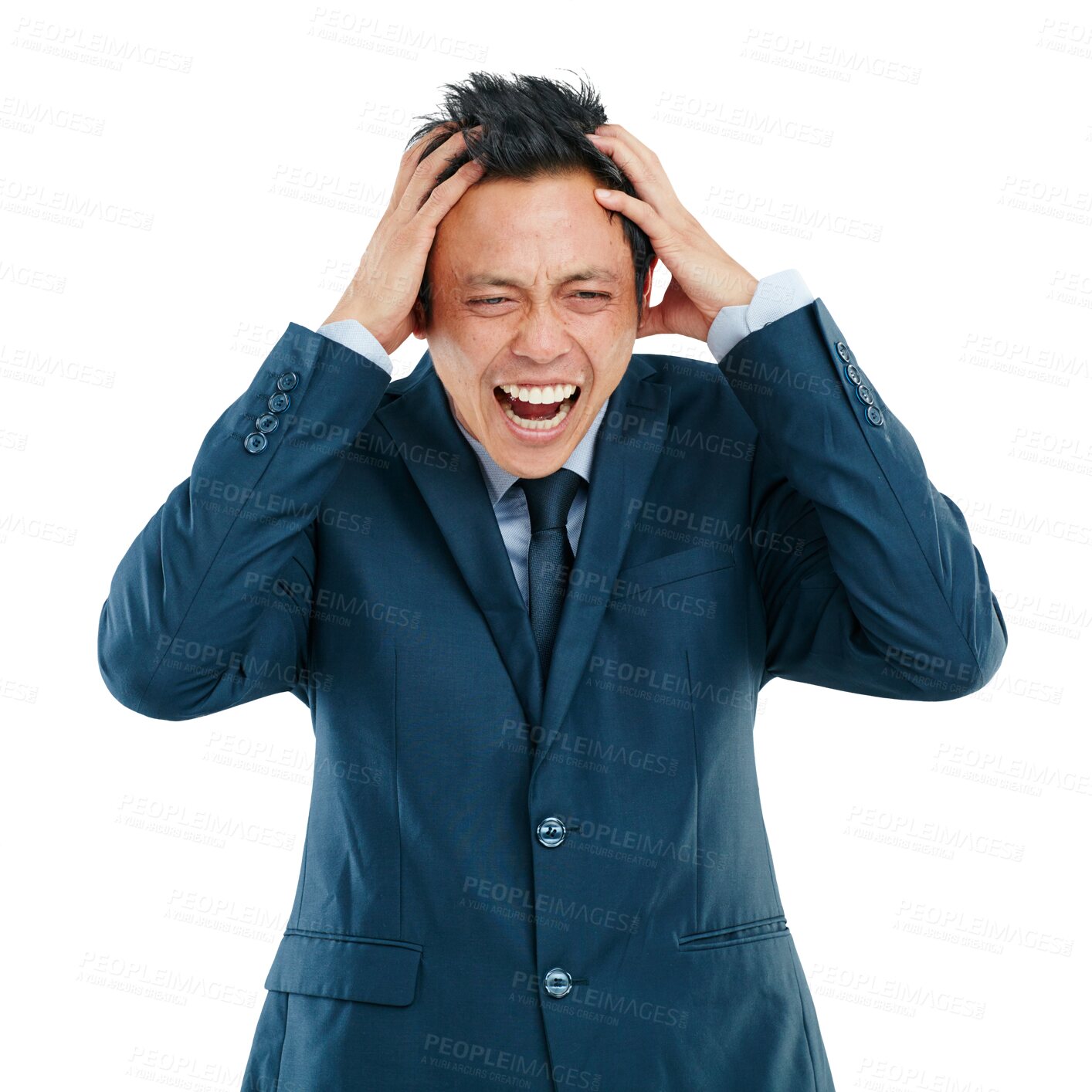 Buy stock photo Stress, shouting and PNG with a business man isolated on a transparent background feeling angry or upset. Burnout, screaming and breakdown with a male asian employee suffering from mental health