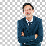 Portrait, arms crossed and business man in studio isolated on a png background mock up. Face, ceo and happy and proud Asian male employee with from Japan with vision, mission and success mindset.