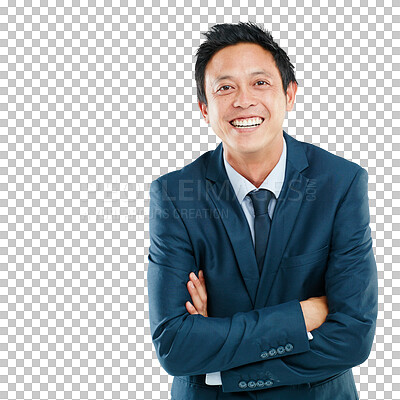 Buy stock photo Portrait, professional and PNG with a business man isolated on a transparent background standing arms crossed. Happy, smile and confidence with a male asian employee looking positive about work