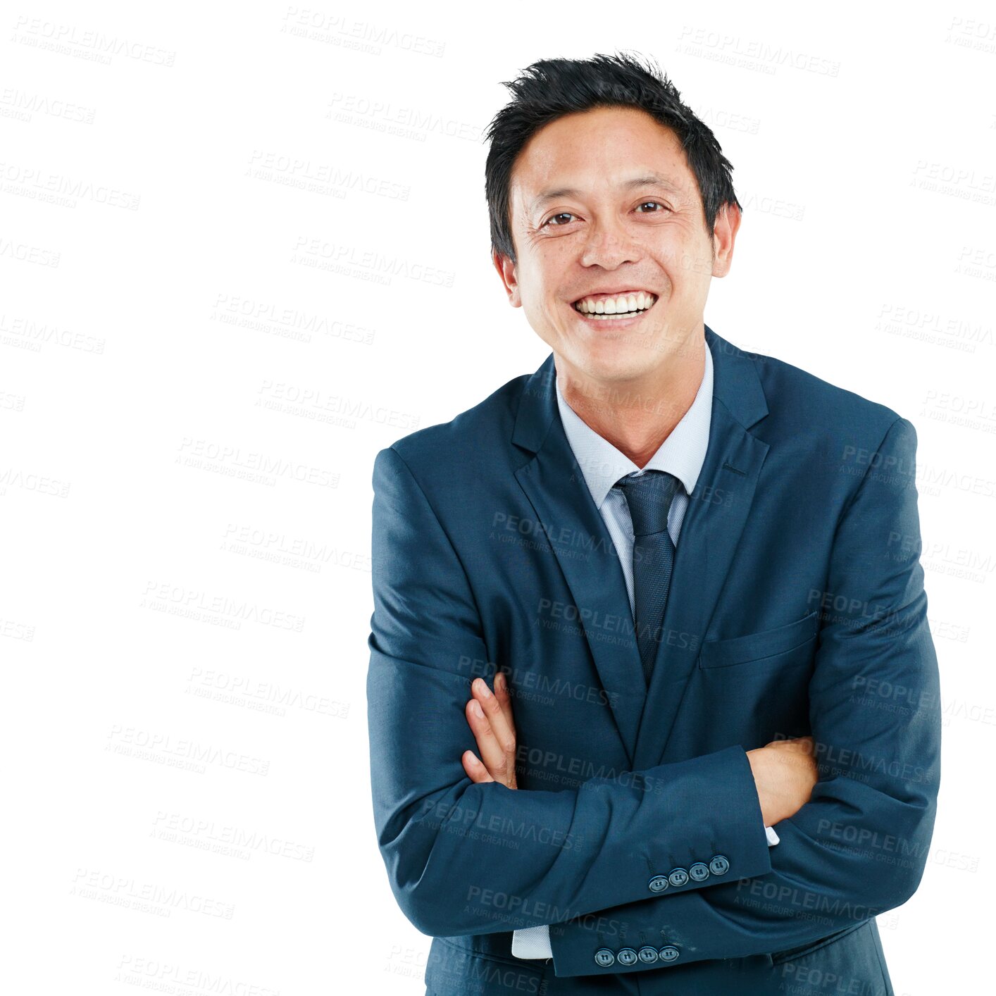 Buy stock photo Portrait, professional and PNG with a business man isolated on a transparent background standing arms crossed. Happy, smile and confidence with a male asian employee looking positive about work