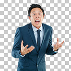 Angry, frustrated and portrait of a surprised Asian man isolated on a png background in a studio. Shocked, unhappy and amazed Japanese businessman screaming and shouting on a studio background