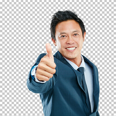 Buy stock photo Portrait, smile and business man with thumbs up isolated on a transparent png background. Success, hand gesture and happy Asian person with like emoji for agreement, thank you or yes, vote or okay.