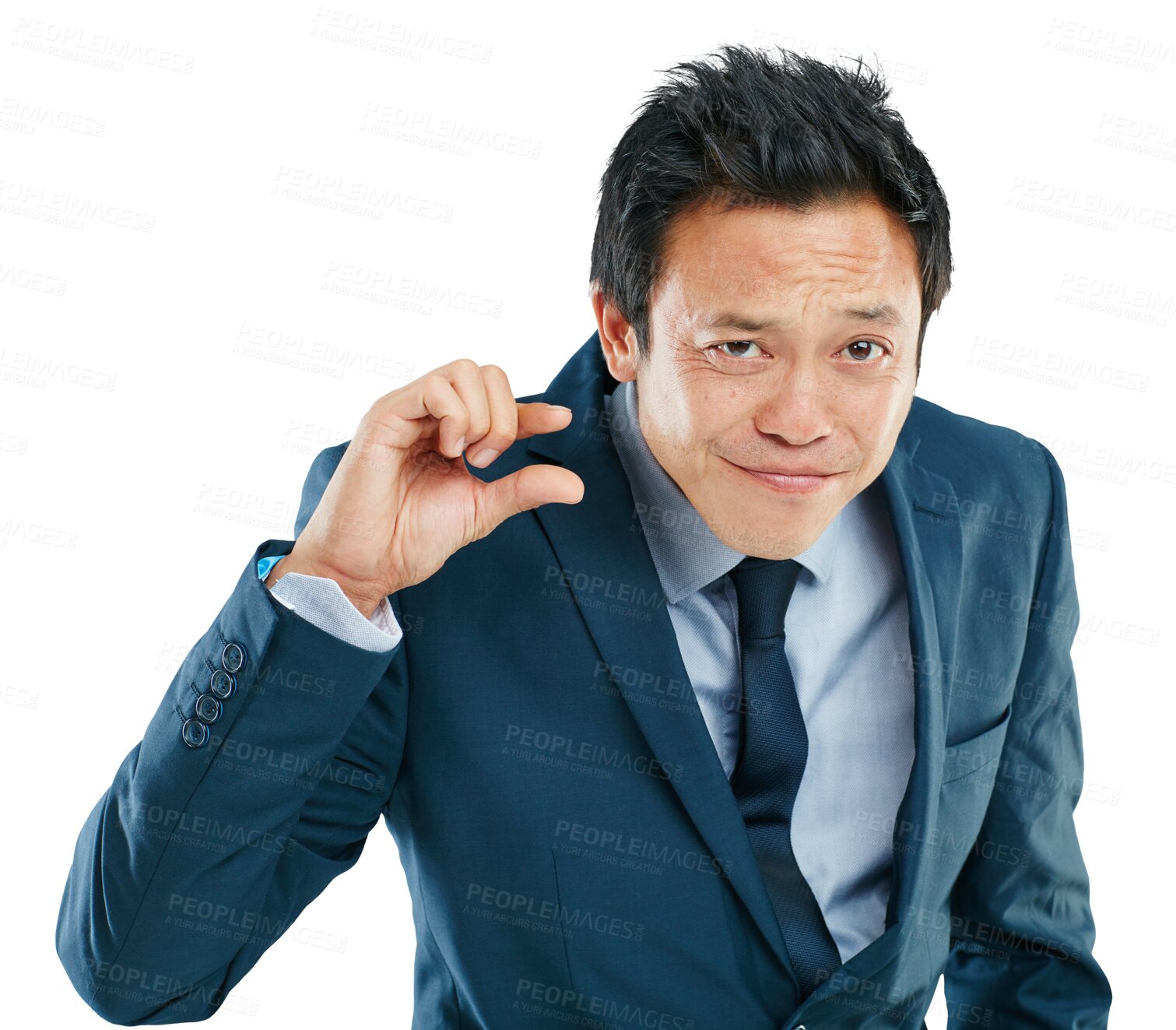 Buy stock photo Portrait, hand or small with a business Asian man isolated on a transparent png background to measure size. Gesture, little and a male employee giving a review or feedback with a finger scale