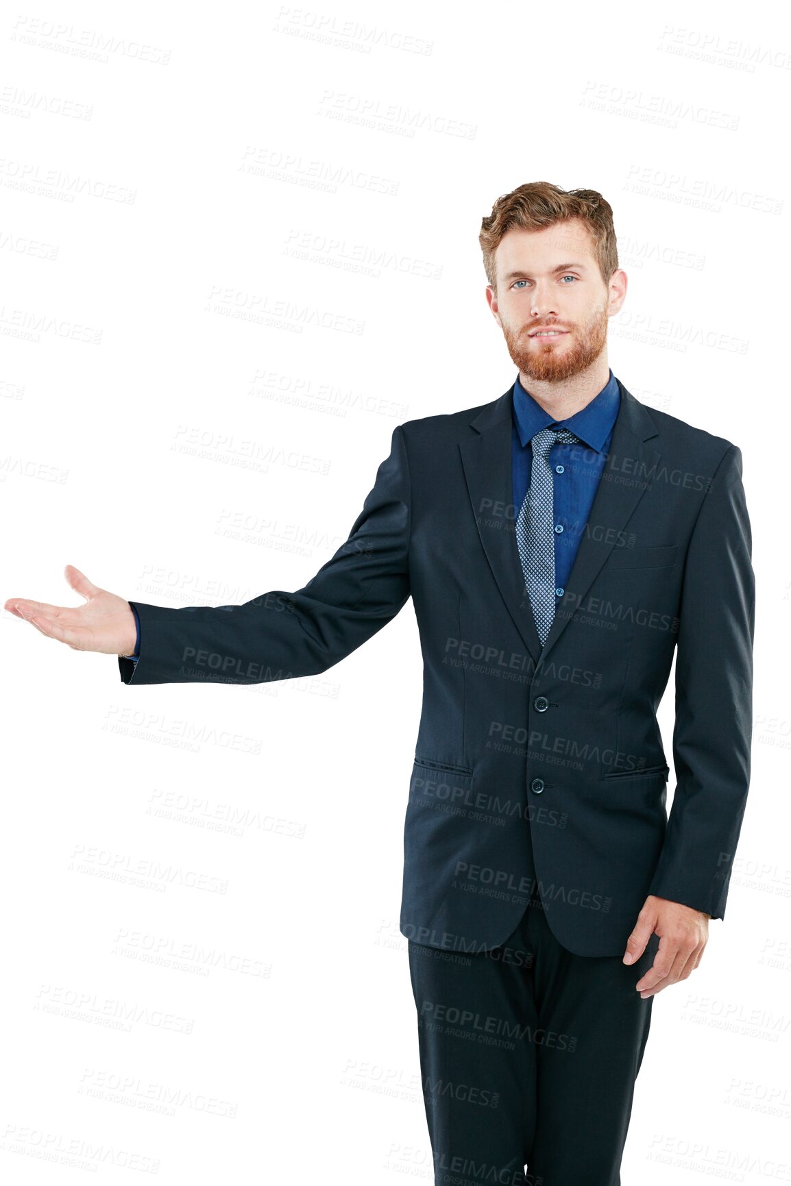 Buy stock photo Portrait, introduction and PNG with a business man isolated on a transparent background for a presentation. Marketing, advertising and promotion with a male employee offering a company brand or logo