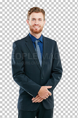 Buy stock photo Business man with smile in portrait, success and vision with confidence isolated on transparent or png background. Corporate lawyer, male with professional mindset and law career with ambition