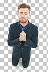 Praying, job and business man in studio for hiring, recruitment or career opportunity hope, faith and help. Prayer hands sign, emoji and corporate worker in job search, interview results or feedback isolated on a png background