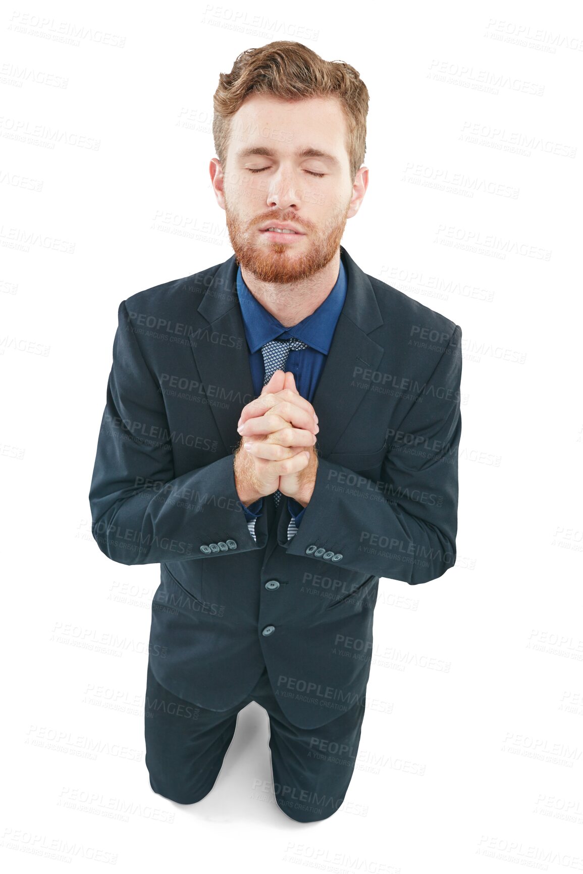 Buy stock photo Praying, job and businessman with hope for hiring, recruitment or career opportunity. Prayer hands sign, emoji and corporate worker in job search or gratitude isolated on a transparent png background