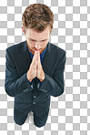 Business man, prayer hands and kneeling for help, sorry or gratitude isolated on a png background. Male in suit praying for donation, support or forgiveness with hope or thank you emoji in studio