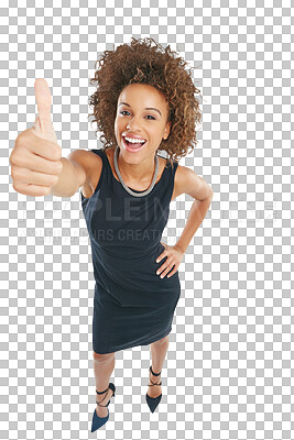 Buy stock photo Portrait of woman, smile and thumbs up top view isolated on a transparent png background. Success, hand gesture and happy person with like emoji for agreement, winning or thank you, approval or vote.