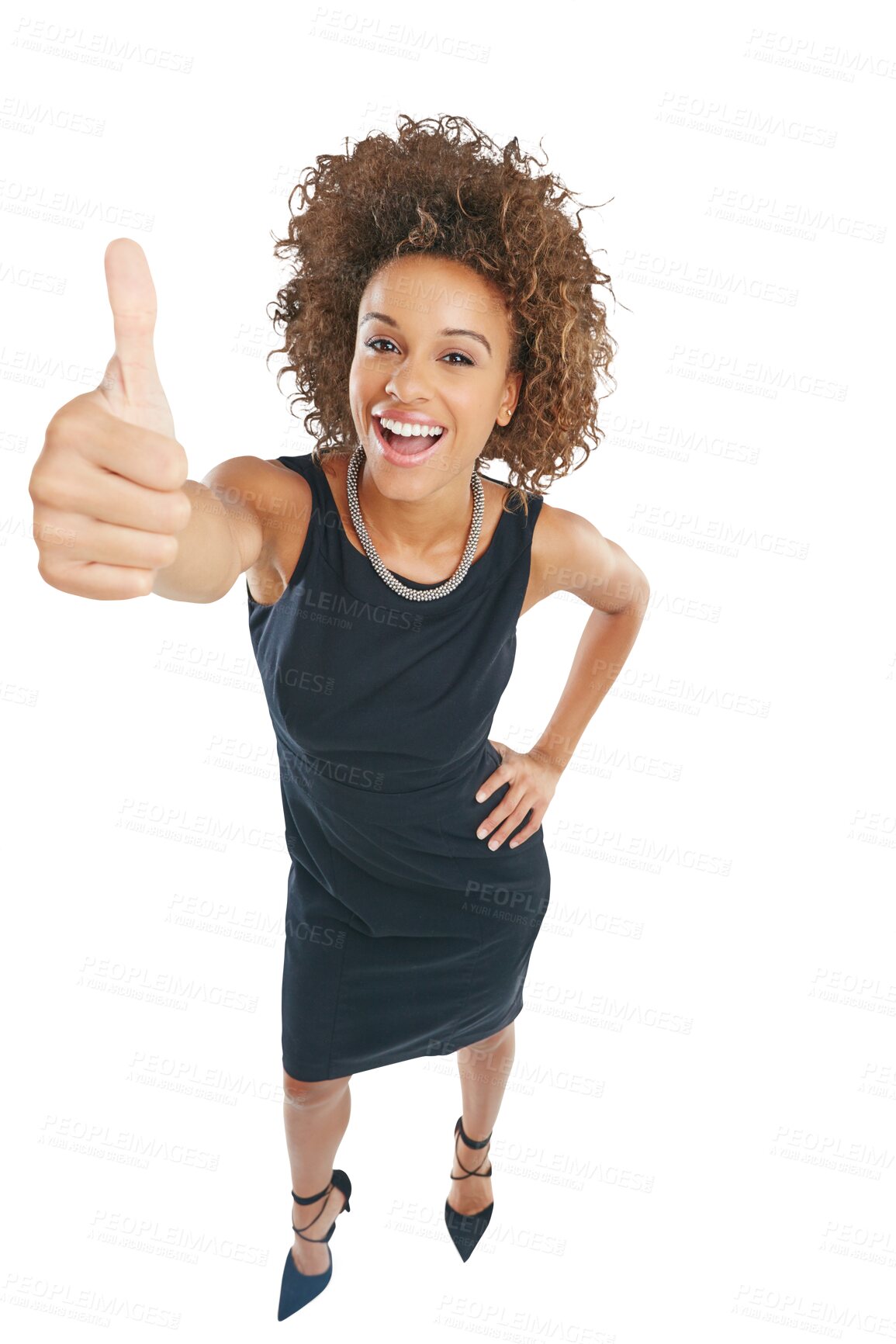Buy stock photo Portrait of woman, smile and thumbs up top view isolated on a transparent png background. Success, hand gesture and happy person with like emoji for agreement, winning or thank you, approval or vote.
