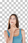 Hand, woman and thinking in studio with an idea, vision and decision space. Ideas, choice and girl planning, pensive and thoughtful while standing, contemplate and isolated on a png background