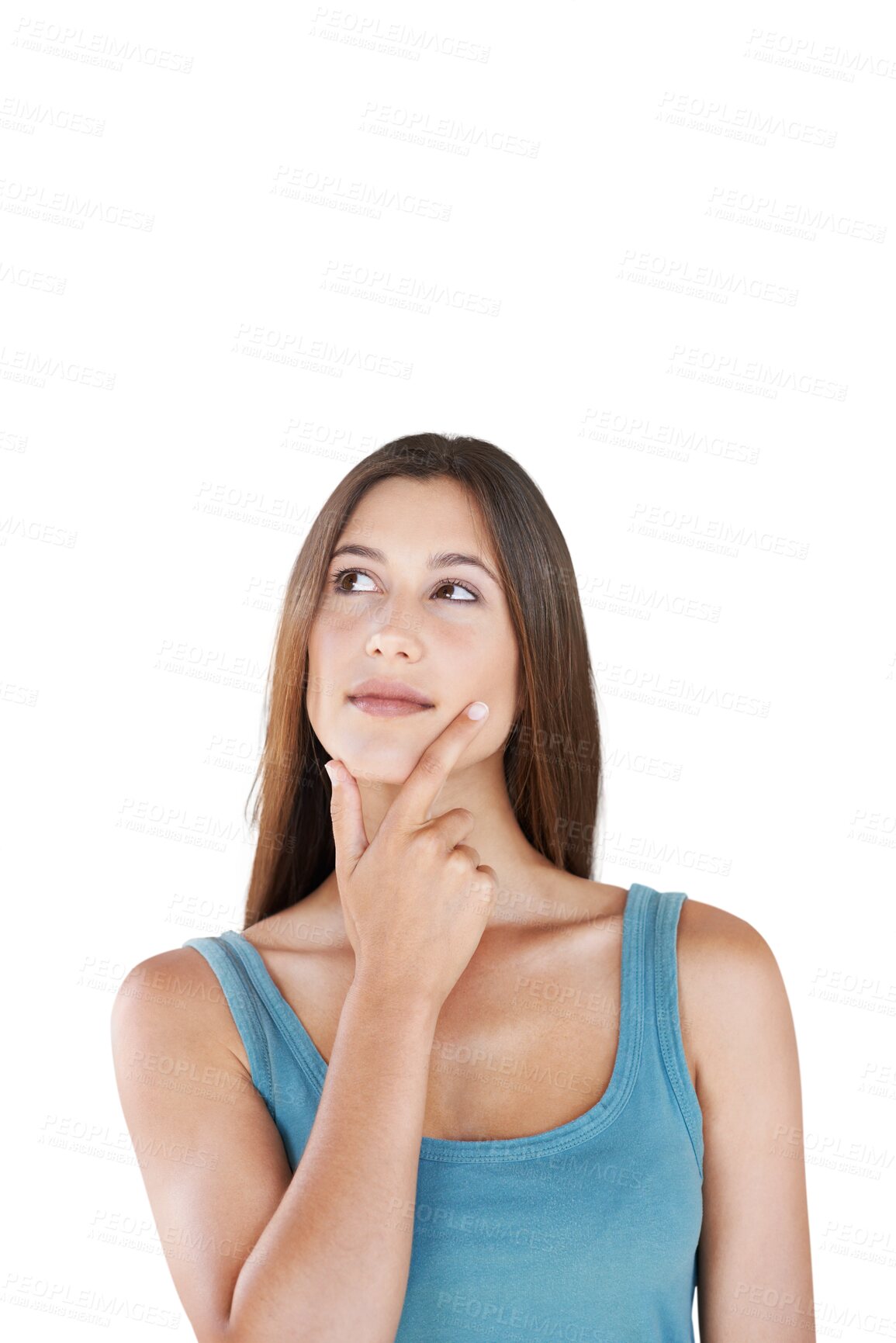 Buy stock photo Hand, thinking and woman with idea isolated on transparent, png background for university choice or vision. Young person or model with creative ideas, inspiration or contemplating decision on college