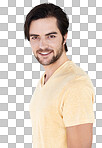 Fashion, happy and portrait of a man  with casual, stylish and trendy clothes. Friendly, smile and male model from Spain with a modern style outfit isolated on a png background