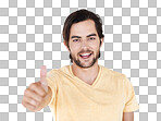 Thumbs up, portrait and man in studio, isolated on a png background review. Happy male model, thumb up and support of yes agreement, celebration and like emoji for vote of trust, thank you or success