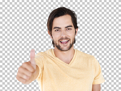 Buy stock photo Winning portrait, thumbs up and man isolated on transparent, png background for thank you, support or like. Happy winner or young person with yes, agreement or ok sign or success and good luck emoji