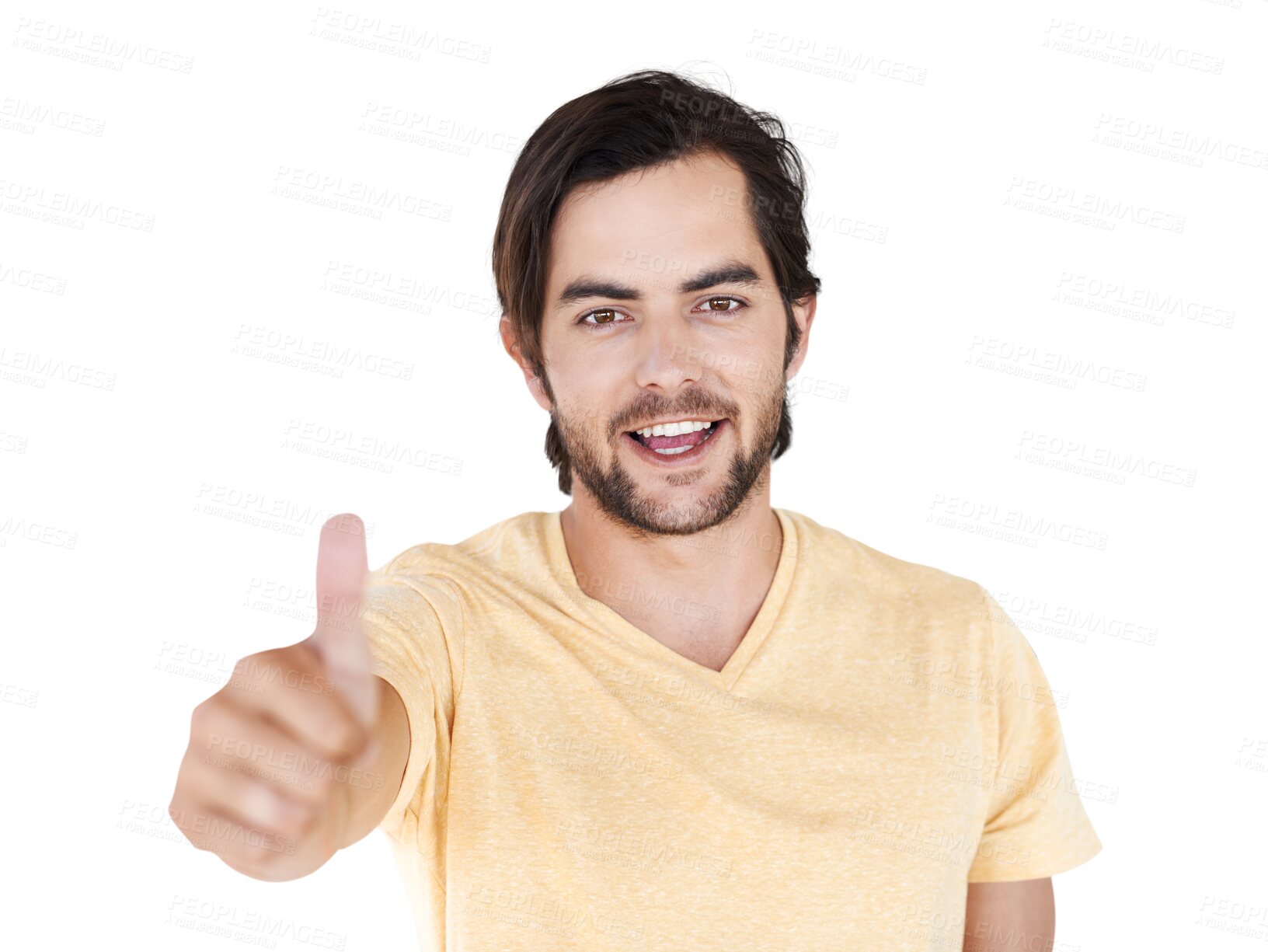 Buy stock photo Winning portrait, thumbs up and man isolated on transparent, png background for thank you, support or like. Happy winner or young person with yes, agreement or ok sign or success and good luck emoji