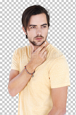 Buy stock photo Thinking, fashion and face of thoughtful man on isolated, png and transparent background with vision. Ideas, planning and male person for wondering, contemplation and question for decision or choice