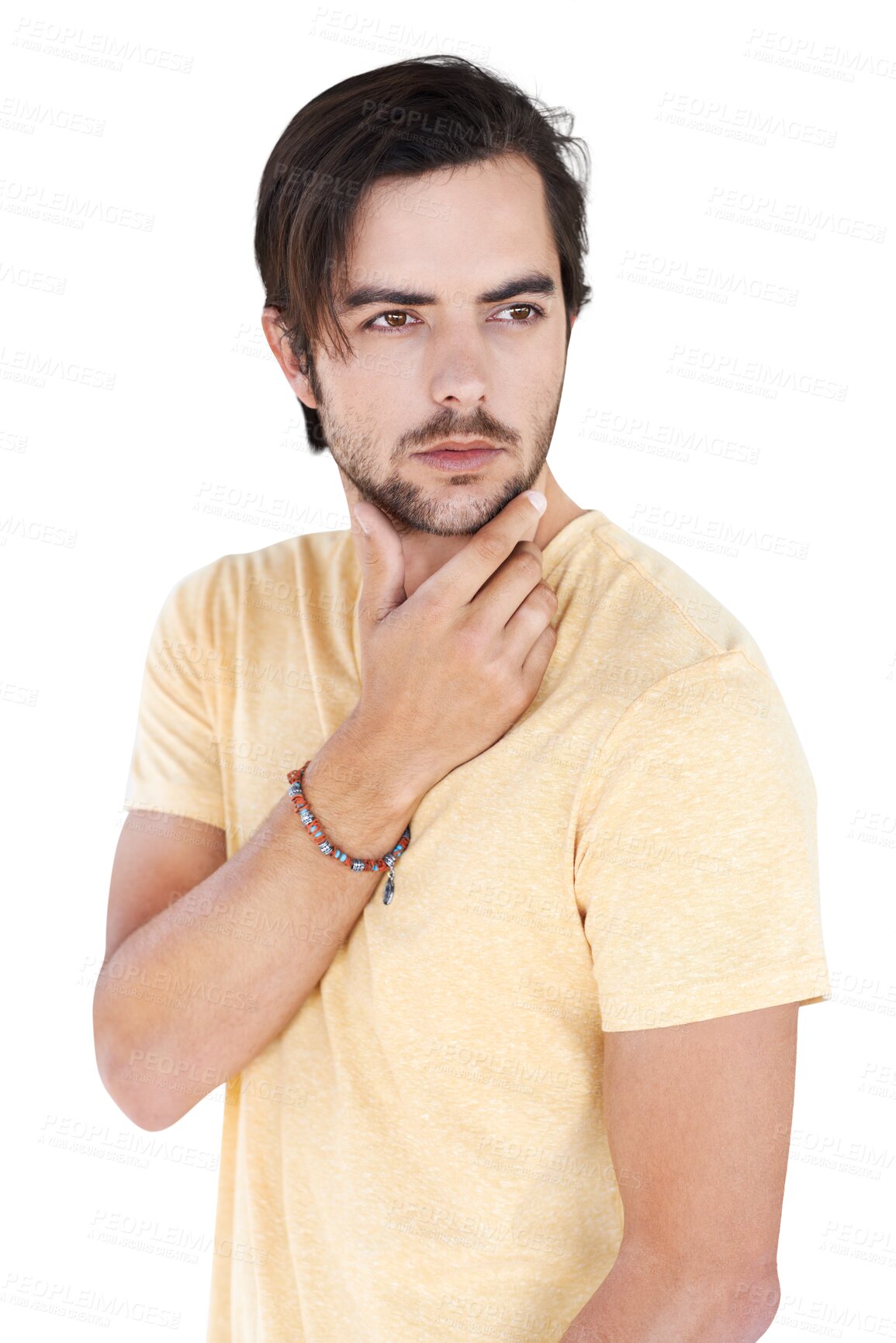 Buy stock photo Thinking, fashion and face of thoughtful man on isolated, png and transparent background with vision. Ideas, planning and male person for wondering, contemplation and question for decision or choice