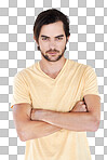 Man, arms crossed and serious fashion portrait isolated on a png background with mockup space. Face of male Europe model with a beard posing for magazine cover, advertising or marketing in studio