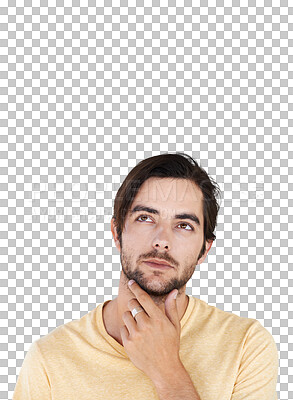 Buy stock photo Thinking, planning and face of thoughtful man on isolated, png and transparent background for decision. Ideas, brainstorming and male person for wondering, contemplation and question for choice