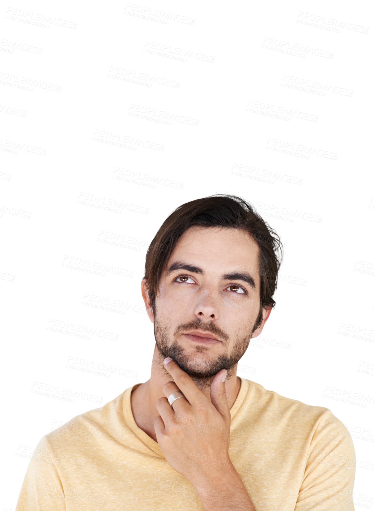 Buy stock photo Thinking, planning and face of thoughtful man on isolated, png and transparent background for decision. Ideas, brainstorming and male person for wondering, contemplation and question for choice