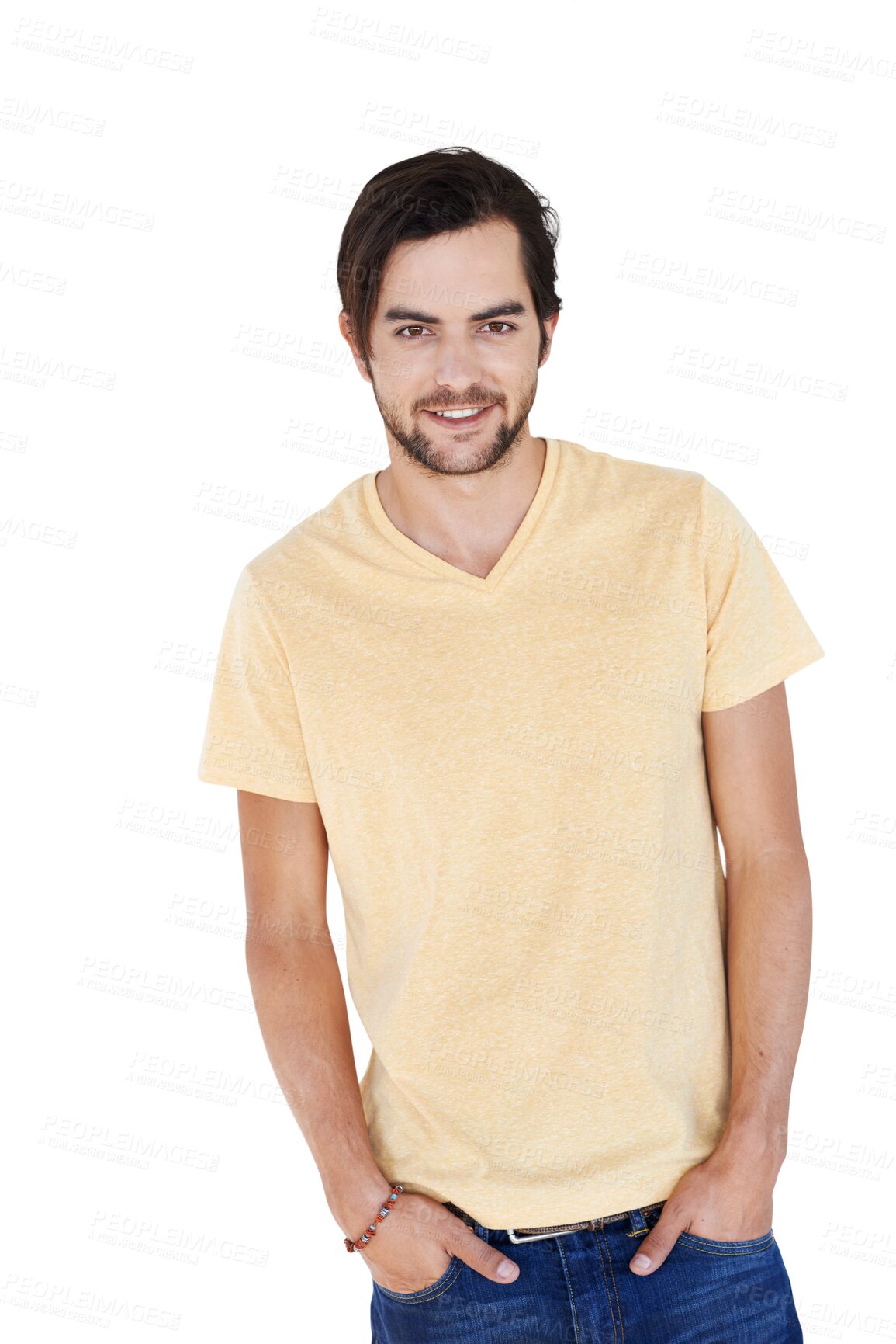 Buy stock photo Smile, portrait and natural man with casual fashion on isolated, transparent and png background. Face, happy and handsome Arab male model relax while posing real cool, edgy and trendy or fashionable