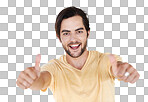 Thumbs up, success and portrait of man or isolated emoji. Male model, thumb up and support of yes agreement, celebration and hand sign, vote or trust, thank you and winner isolated on a png background