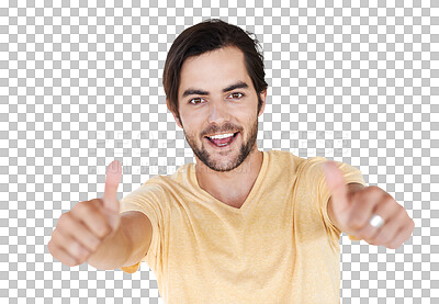 Buy stock photo Winning man, thumbs up and portrait isolated on transparent, png background for thank you, support or like sign. Success, winner or happy person with yes, agreement and okay hands or good luck emoji