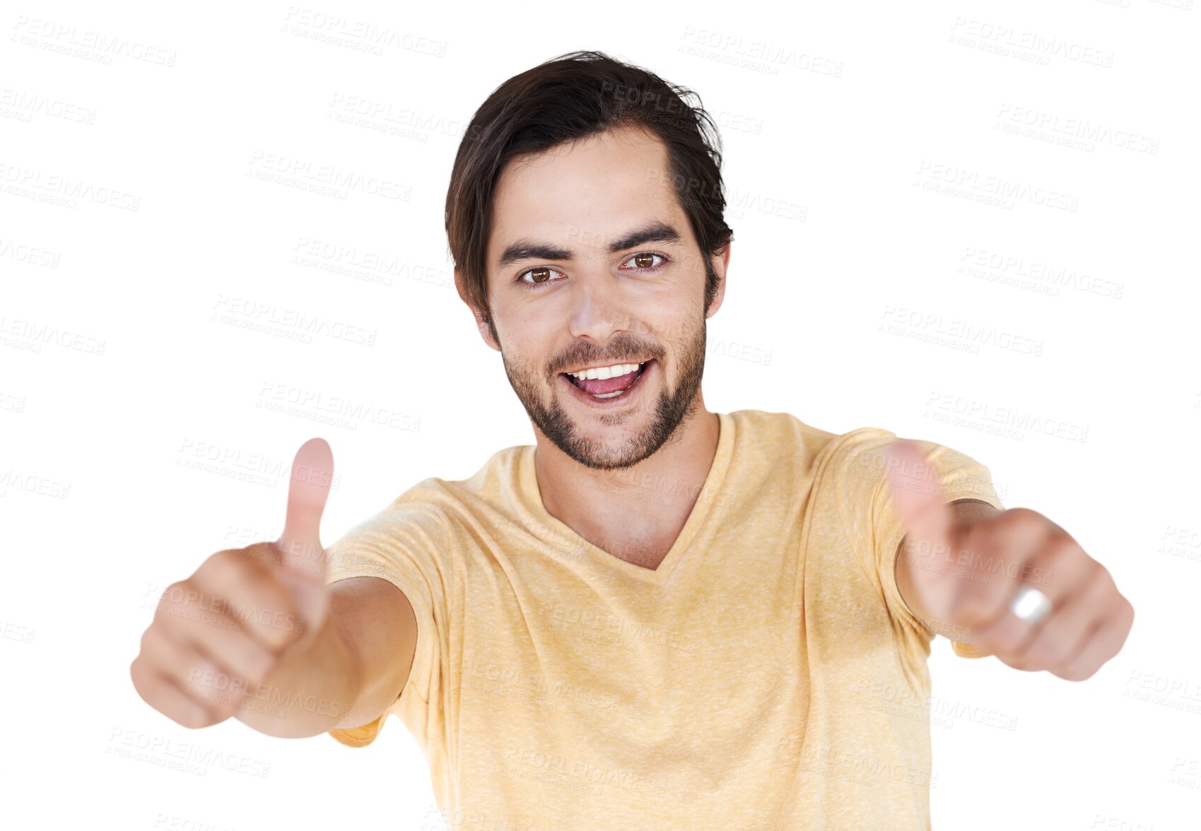 Buy stock photo Winning man, thumbs up and portrait isolated on transparent, png background for thank you, support or like sign. Success, winner or happy person with yes, agreement and okay hands or good luck emoji