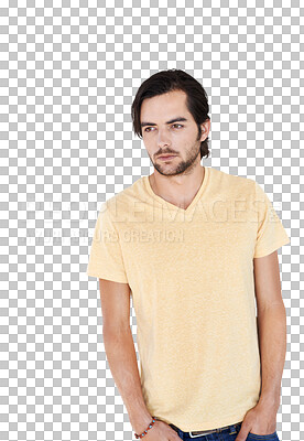 Buy stock photo Depression, thinking and tired man unsure on isolated, transparent and png background. Regret, contemplation and young male with fatigue, anxiety and mental health problem or think of ptsd trauma