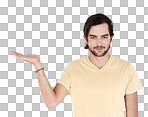 Mockup gesture, studio portrait and man with sales promotion, luxury present gift or discount deal mock up. Marketing space, product placement or advertising model isolated on a png background