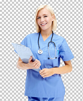 Buy stock photo Checklist, clipboard and portrait of woman doctor isolated on transparent, png background for healthcare service. Face of happy professional, medical person or nurse in hospital or clinic management