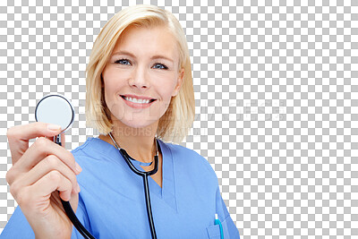 Buy stock photo Nurse, portrait and woman with a stethoscope, smile and worker isolated against a transparent background. Face, female employee and medical professional with healthcare equipment, doctor and png.