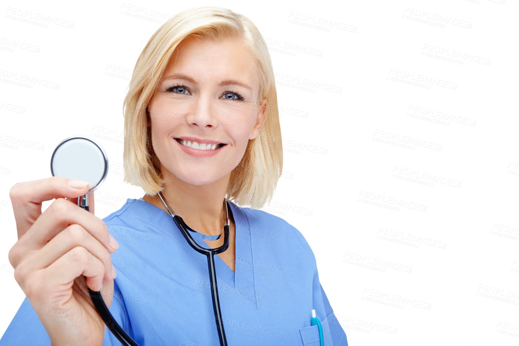 Buy stock photo Nurse, portrait and woman with a stethoscope, smile and worker isolated against a transparent background. Face, female employee and medical professional with healthcare equipment, doctor and png.