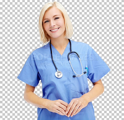 Buy stock photo Portrait, healthcare and PNG with a nurse woman isolated on a transparent background for insurance. Medical, hospital and trust with a young female medicine professional in scrubs at a health clinic