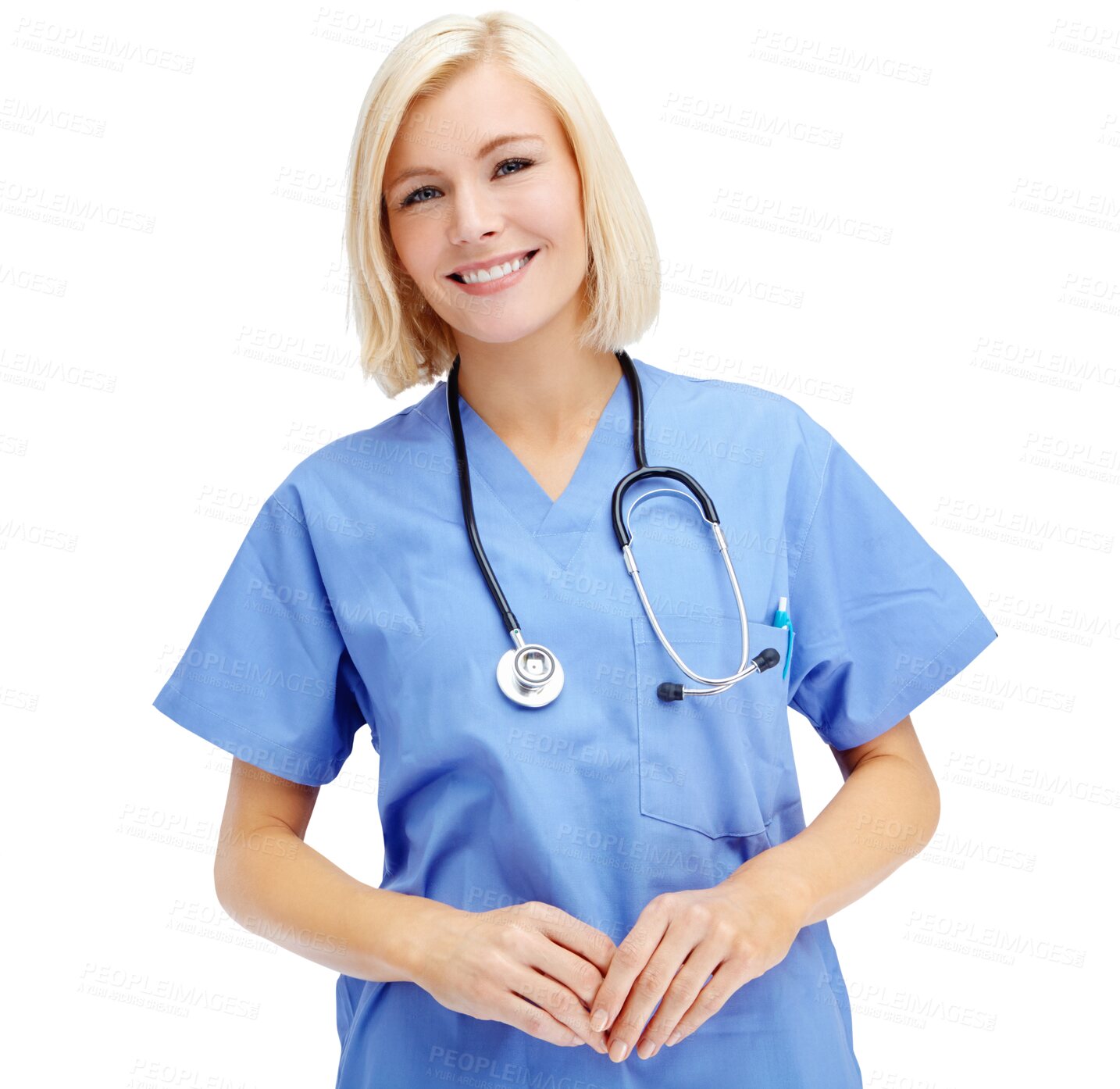 Buy stock photo Portrait, healthcare and PNG with a nurse woman isolated on a transparent background for insurance. Medical, hospital and trust with a young female medicine professional in scrubs at a health clinic