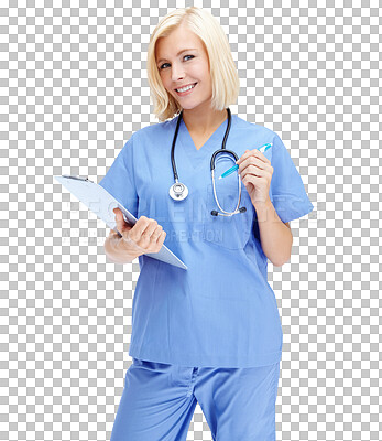 Buy stock photo Nurse portrait, doctor and woman with clipboard isolated on transparent, png background for healthcare management. Happy, young medical person writing notes, service and hospital or clinic checklist