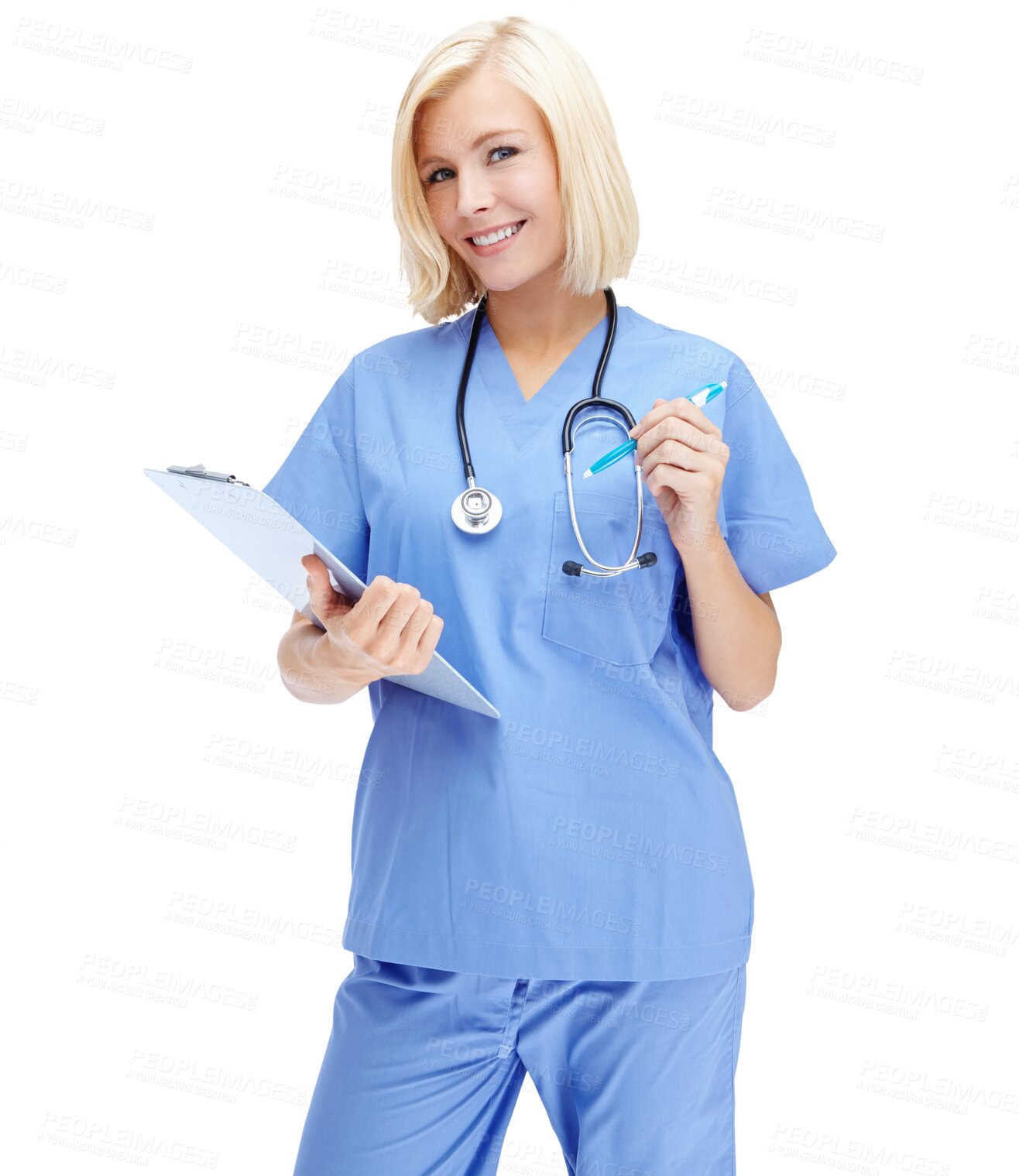 Buy stock photo Nurse portrait, doctor and woman with clipboard isolated on transparent, png background for healthcare management. Happy, young medical person writing notes, service and hospital or clinic checklist