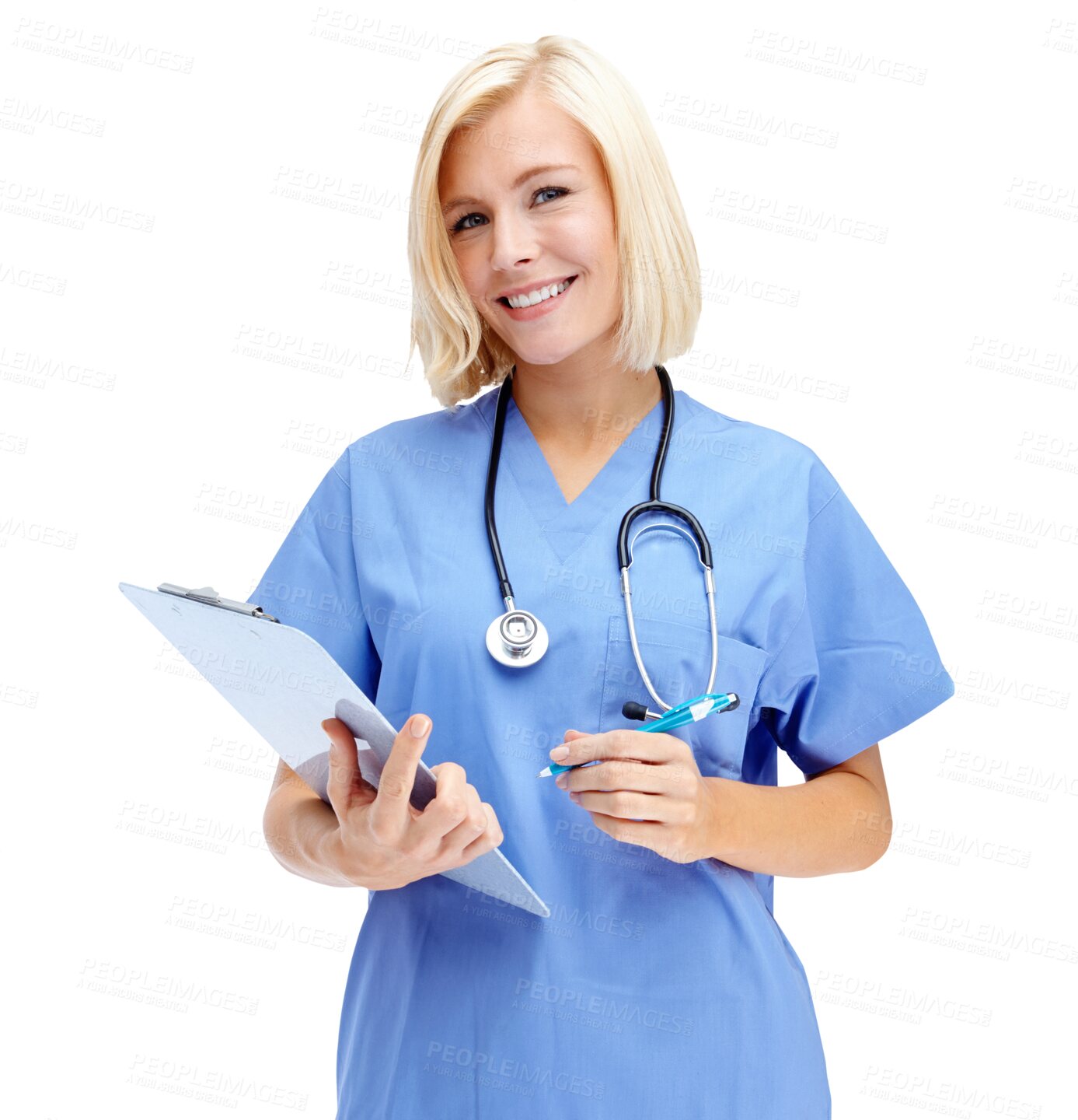 Buy stock photo Portrait, clipboard and woman doctor isolated on transparent, png background for healthcare management or service. Face of happy professional, medical person or young nurse writing info or checklist