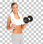  portrait, woman and bottle with dumbbell, smile and happy for workout, health. Isolated model, water and weightlifting for healthy training, wellness and self care mindset isolated on a png background